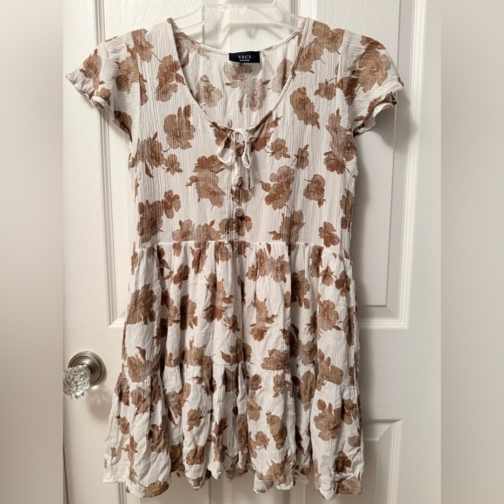 VICI Brown White Floral Print‎ Tiered Flutter Sleeve Dress BOHO Size M AD